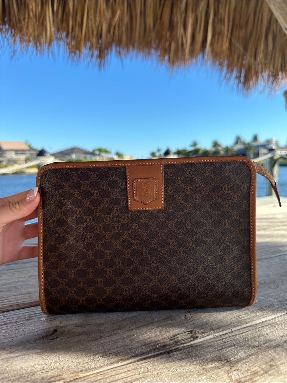 Celine Unisex Brown Patterned Zip Pouch with Leather Trim